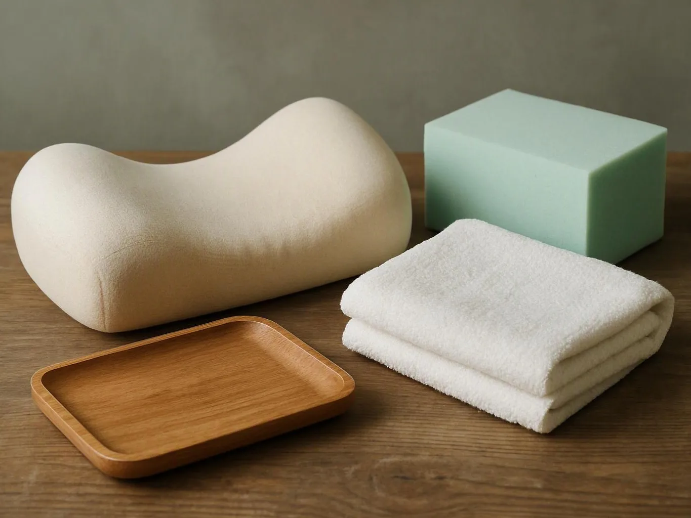 A beige cushion, mint block, folded white towels, and a wooden tray sit on a wooden table