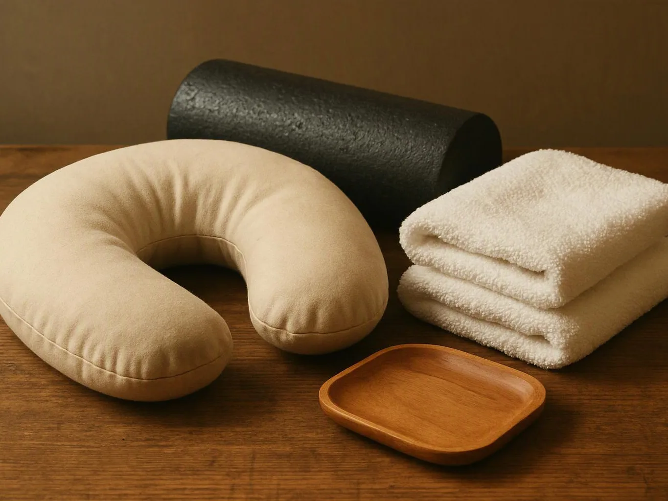 A beige neck pillow, rolled black mat, folded white towels, and a wooden tray rest on a wooden table