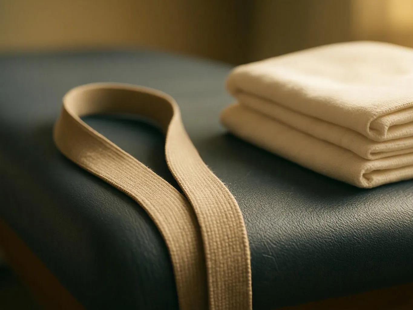 A beige strap lies beside folded cream towels on a dark cushioned surface