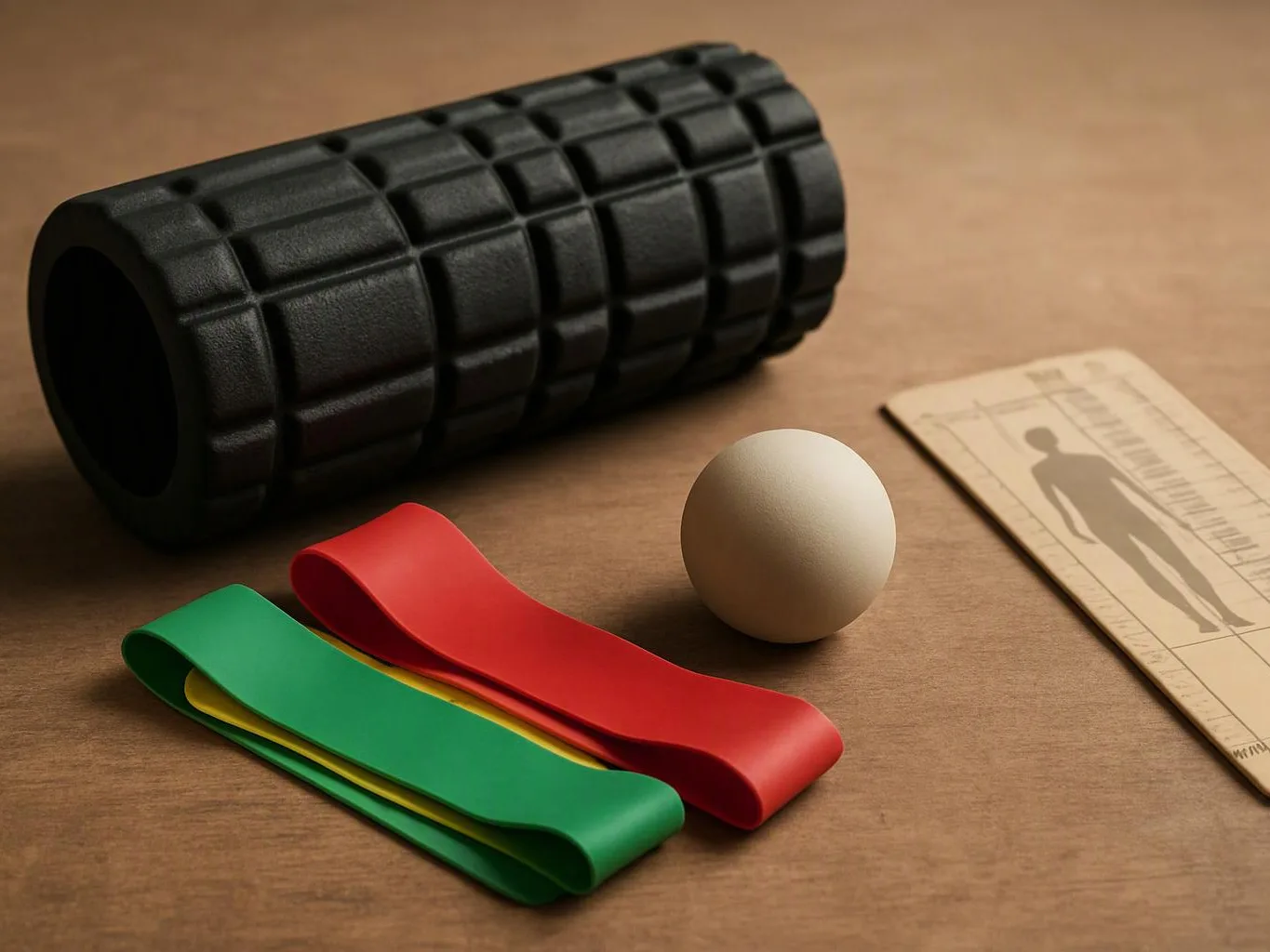 A black foam roller, resistance bands, a white ball, and a fitness chart rest on a wooden surface
