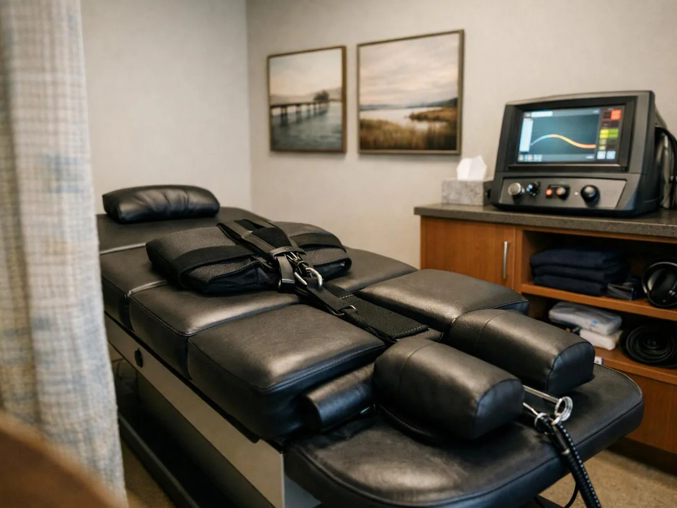 A black padded treatment table sits in a quiet room beside a monitor and framed wall art