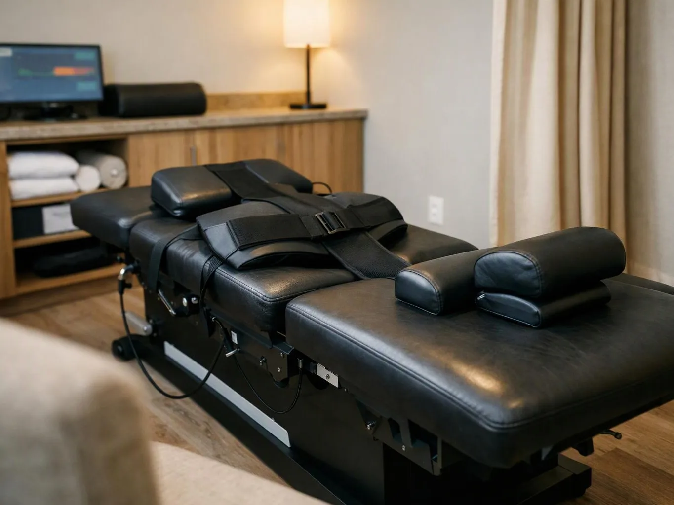 A black padded treatment table sits in a softly lit room with shelves, towels, and a lamp behind it
