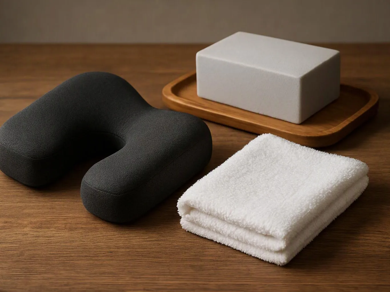 A black U-shaped neck pillow, folded white towels, and a white block sit on a wooden table