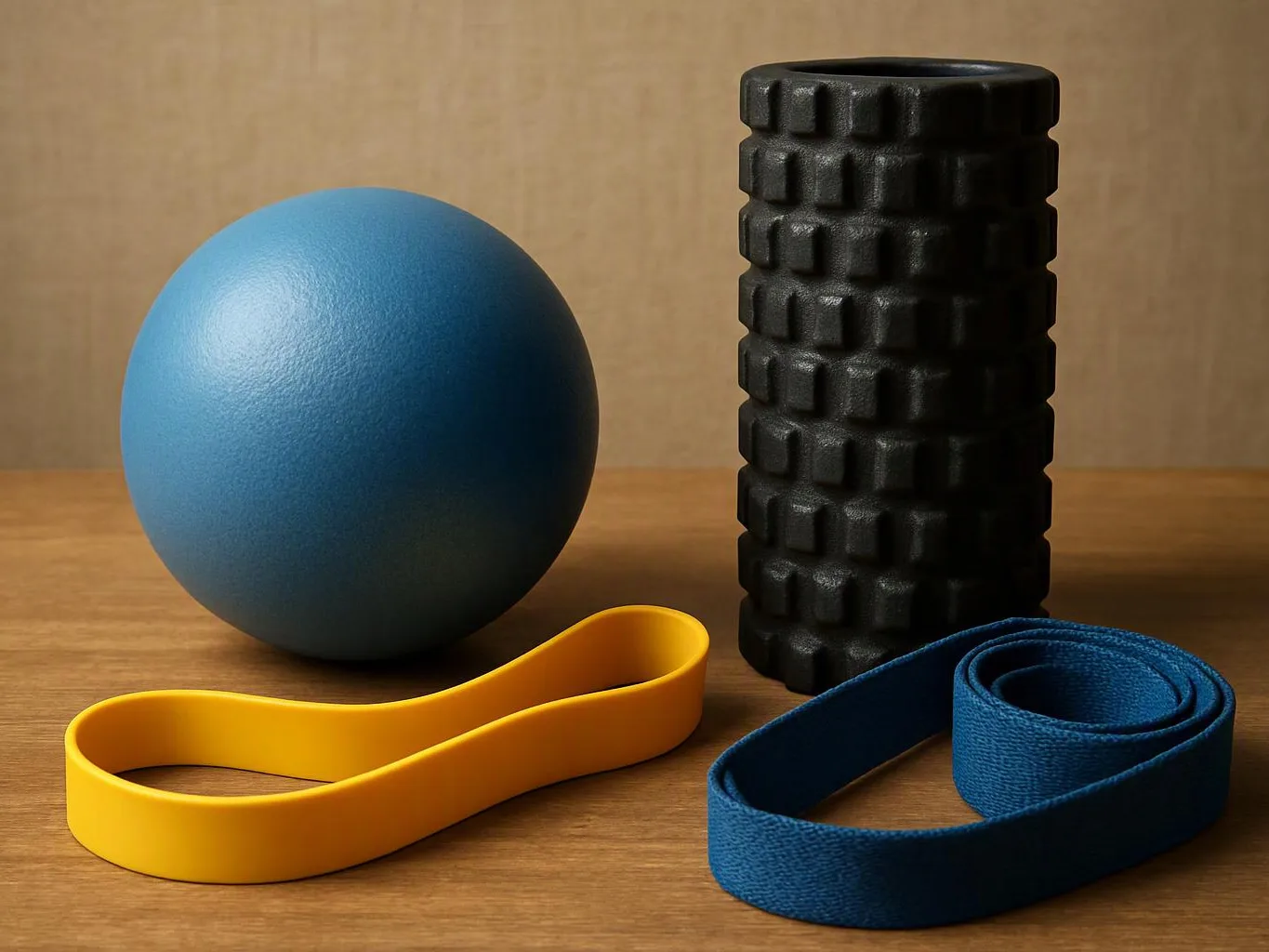 A blue massage ball, black foam roller, and two resistance bands rest on a wooden surface