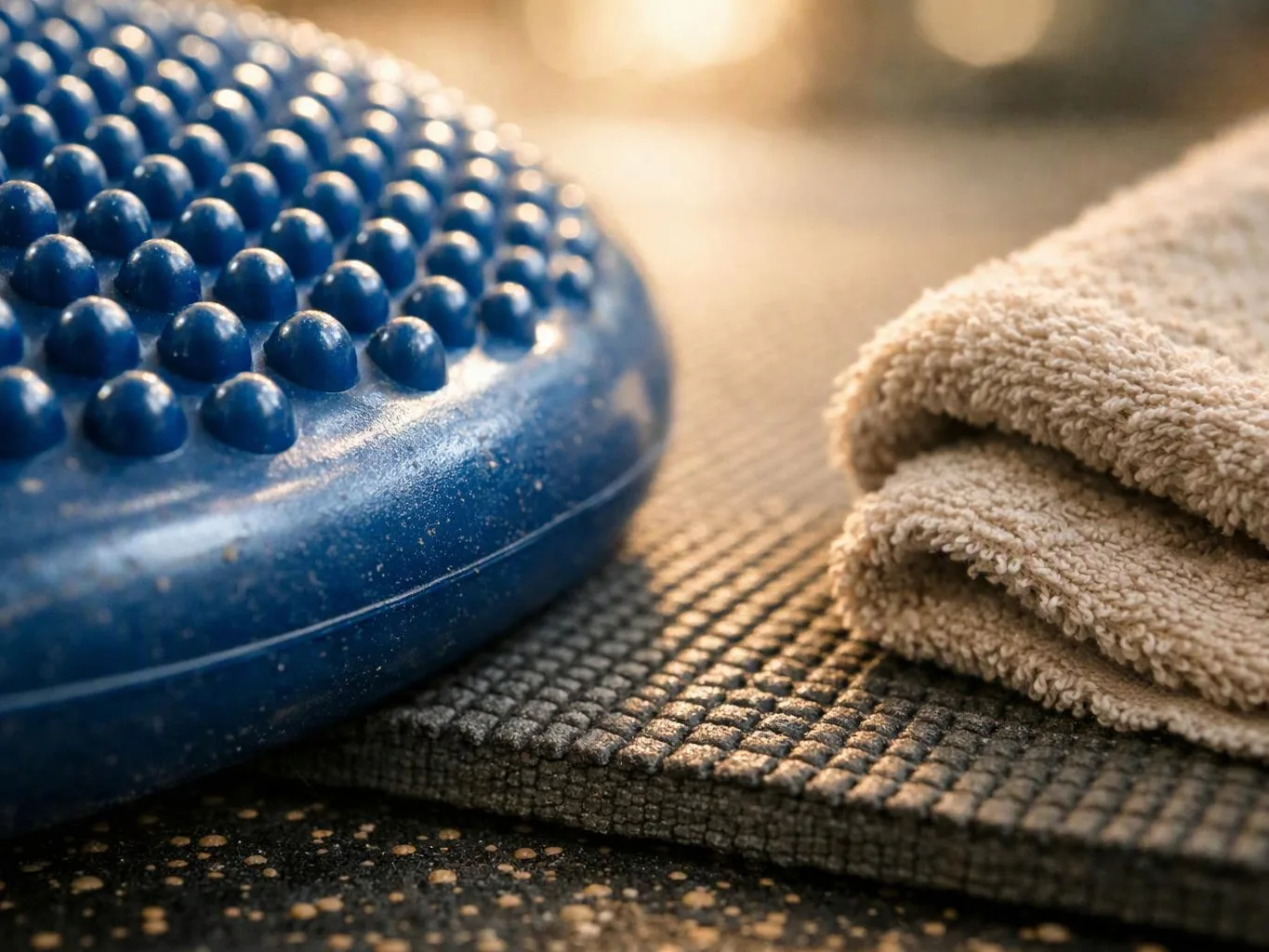 A blue textured massage tool sits beside folded beige towels on a yoga mat in warm light