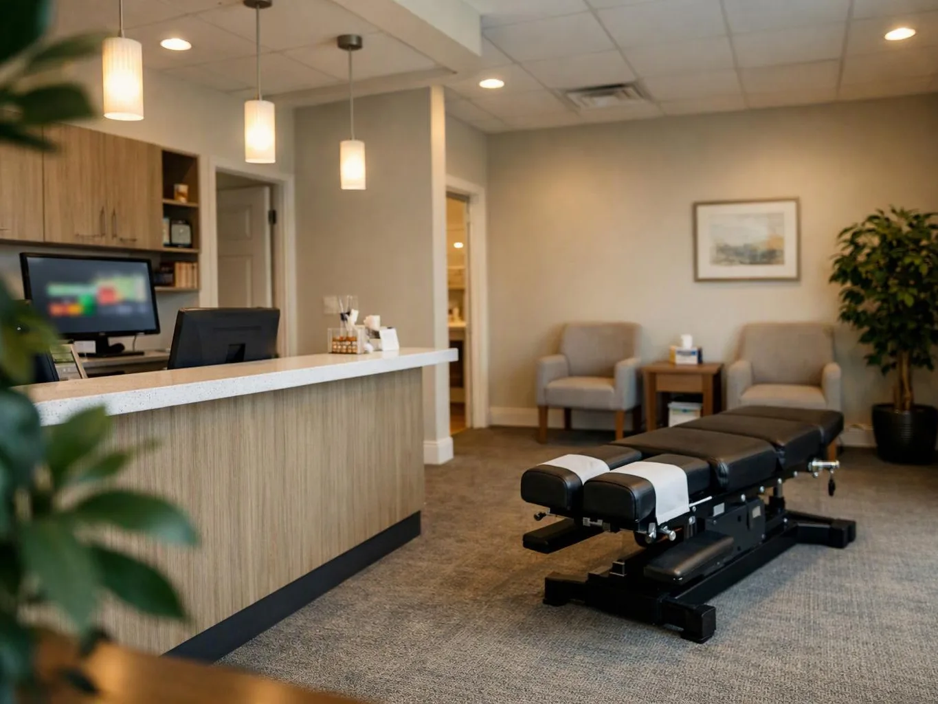 A clean medical reception room shows a desk, waiting chairs, and an adjustable treatment table