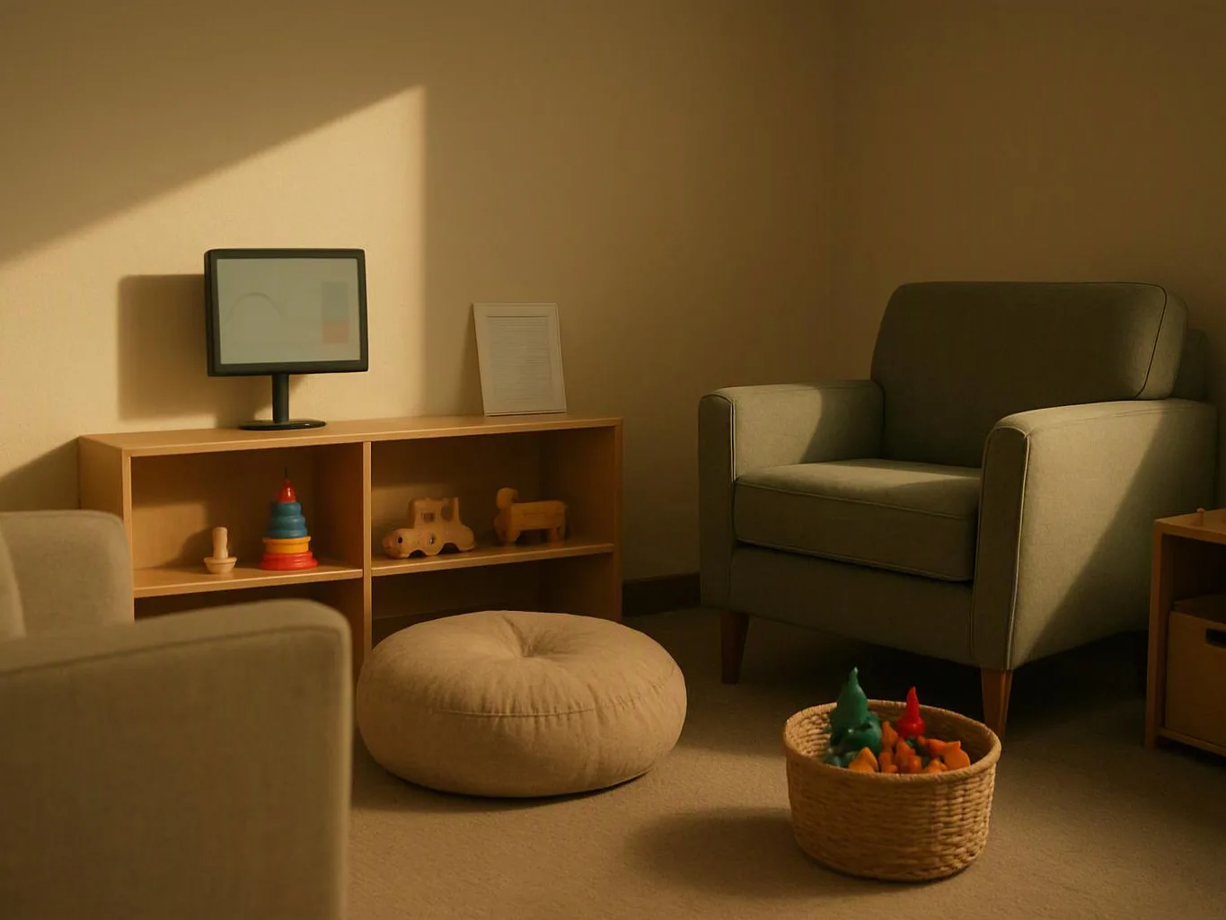 A cozy room with two armchairs, a low shelf, a cushion, and a toy basket in warm sunlight