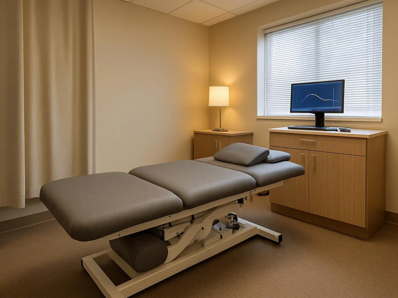 An empty exam room holds a padded treatment table, lamp, cabinets, and a monitor by the window