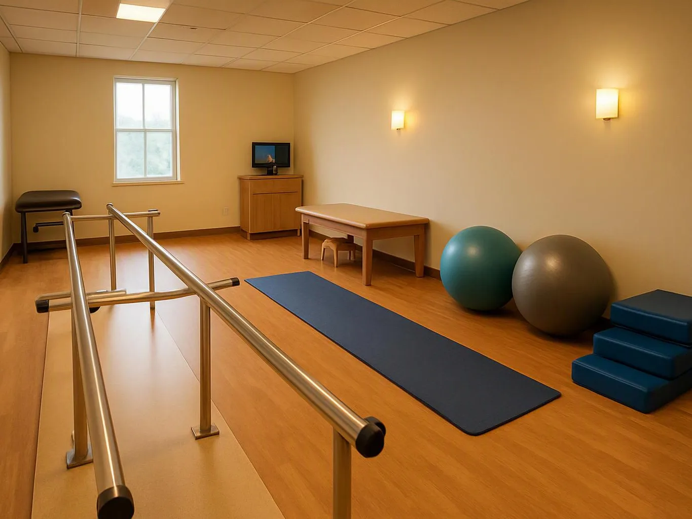 An empty therapy room has parallel bars, a mat, exercise balls, steps, a treatment table, and a window