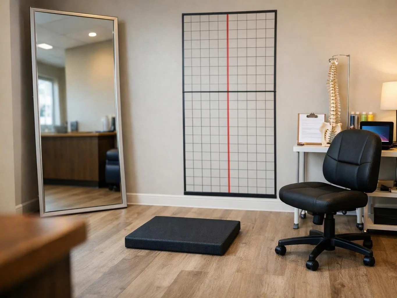 An empty therapy room shows a mirror, a grid wall chart, a black chair, and a padded floor mat