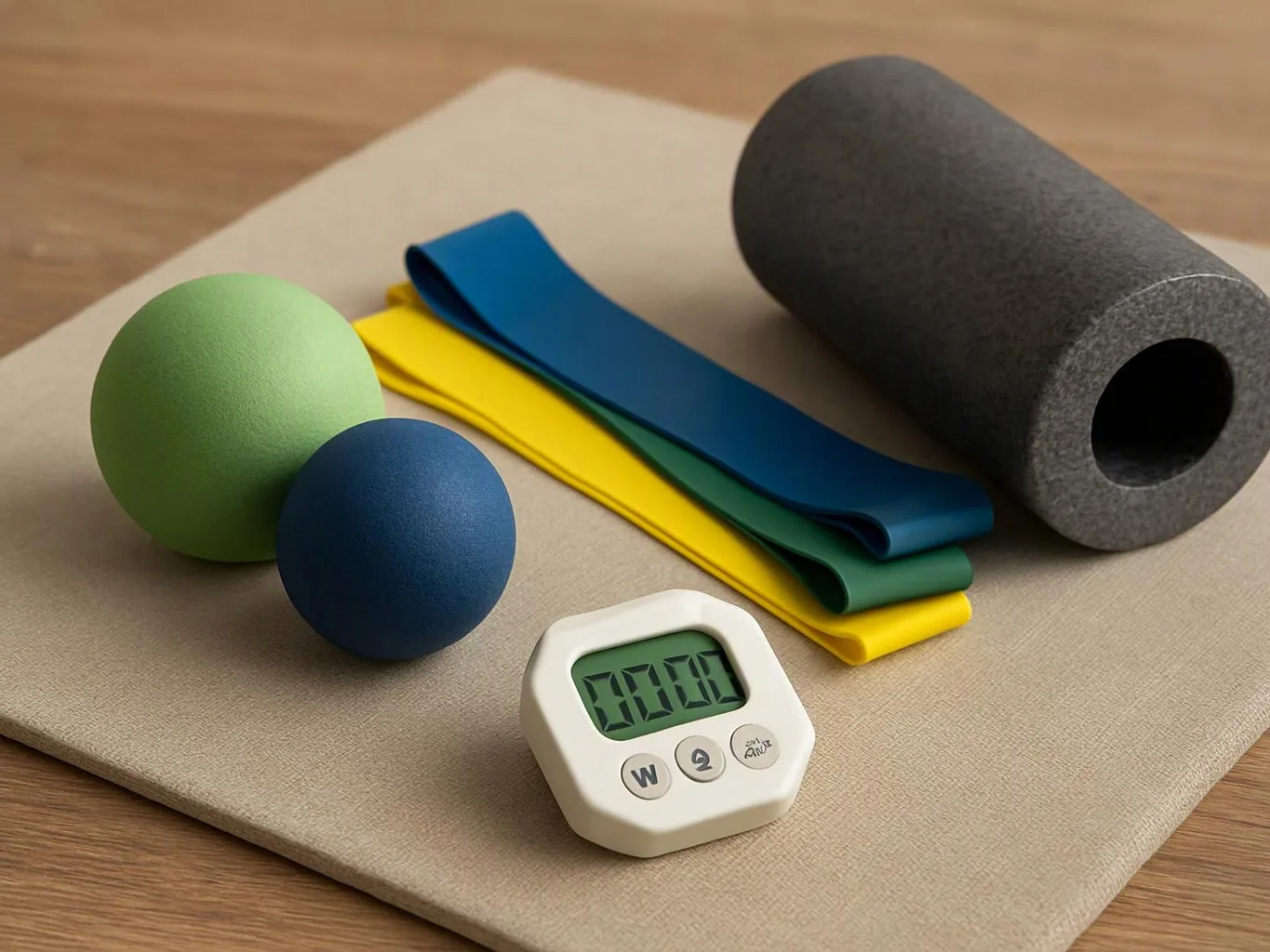Exercise props with two foam balls, stacked resistance bands, a black roller, and a small digital timer on a mat