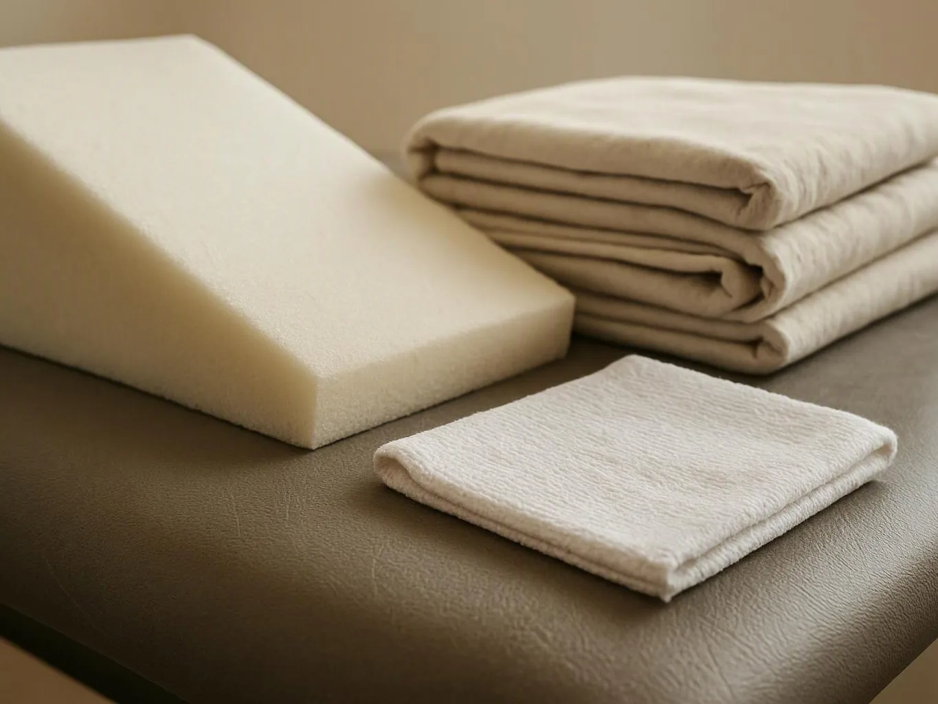 Folded beige towels and a foam wedge sit on a padded brown surface