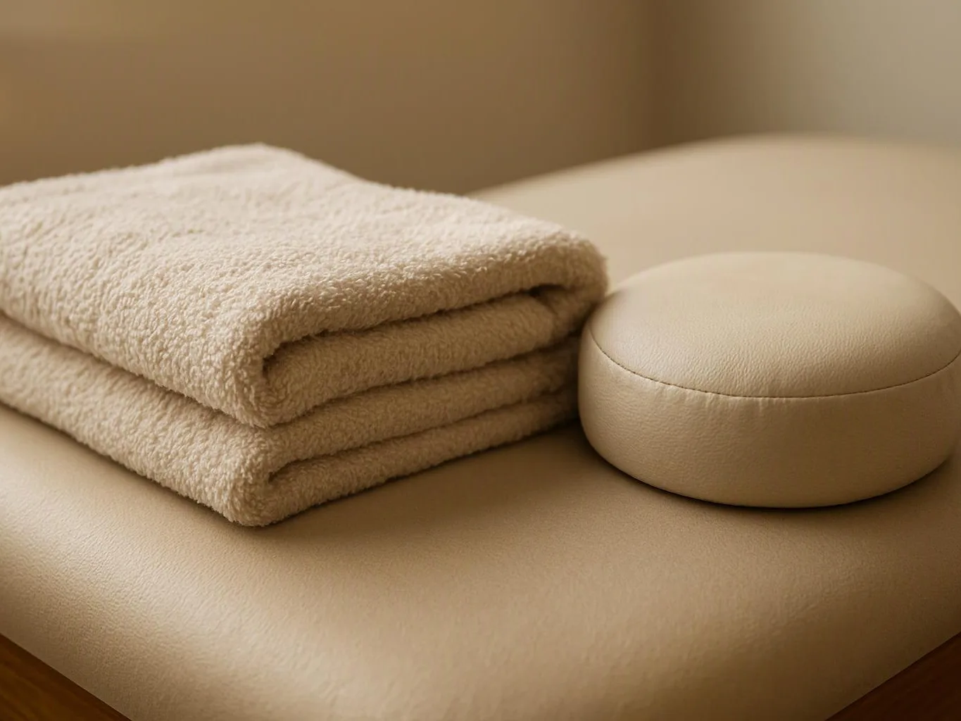 Folded beige towels rest beside a round cushion on a padded cream bench
