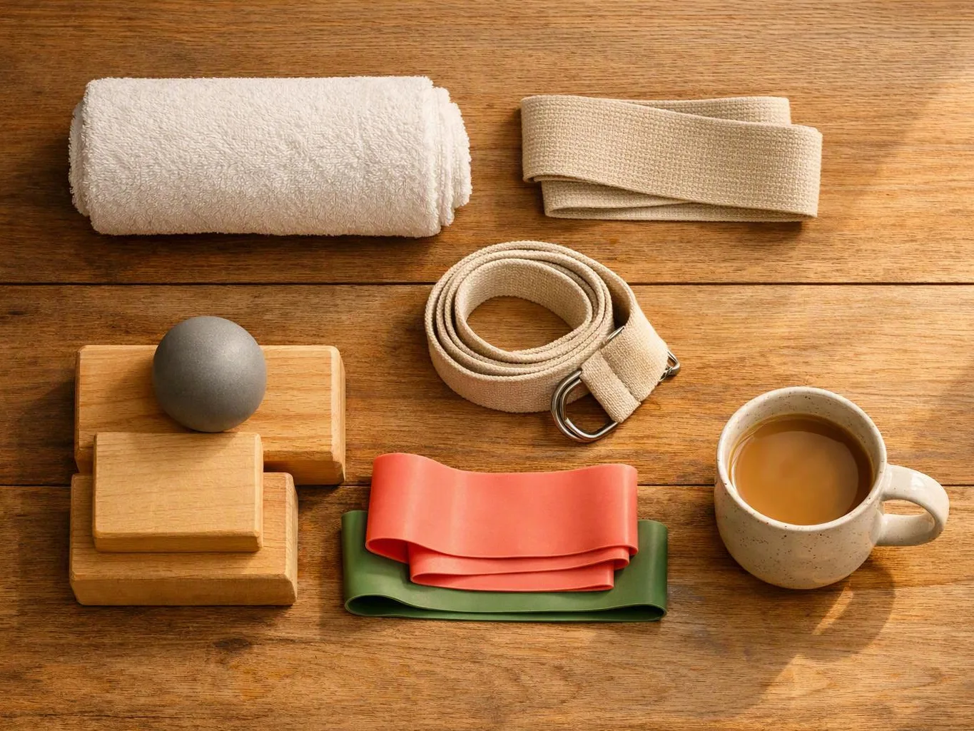 Folded towels, exercise bands, blocks, a massage ball, and a mug sit on a wooden table
