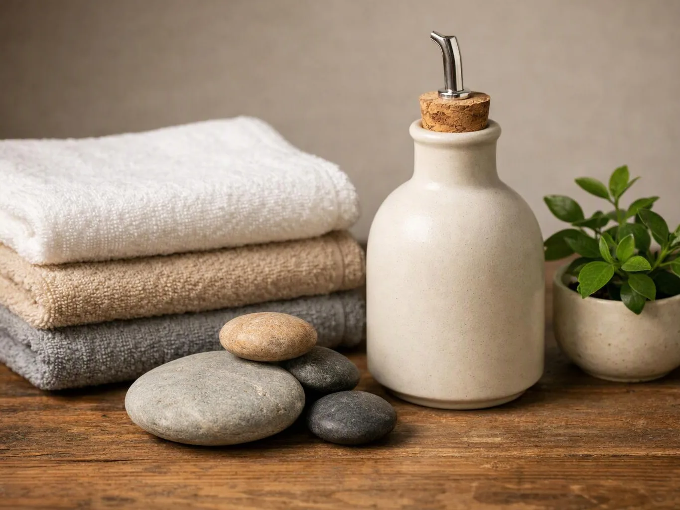 Folded towels, stacked stones, a ceramic soap bottle, and a small potted plant sit on a wooden surface