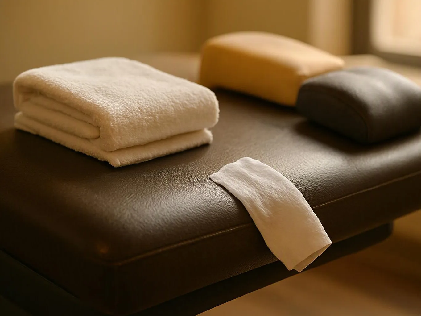 Folded towels and a white cloth rest on a brown cushioned bench in warm light