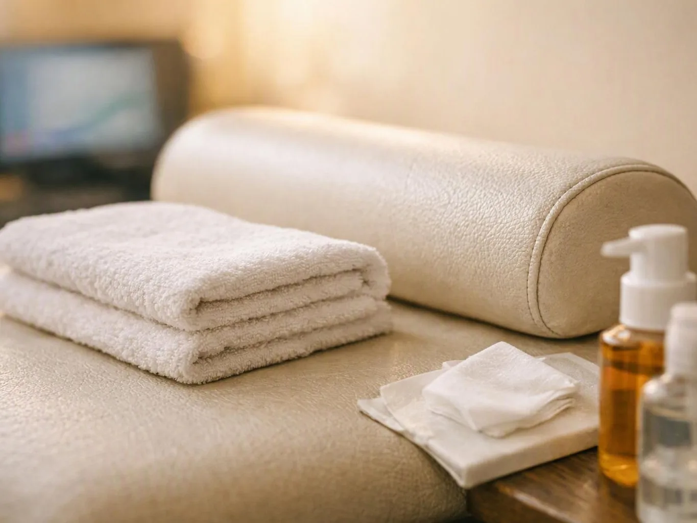 Folded white towels, a beige bolster, and small bottles sit on a spa massage table