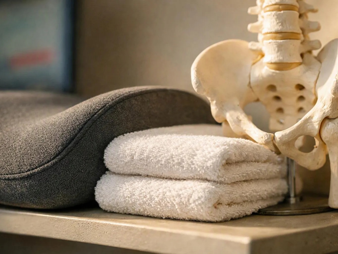 Folded white towels sit beside a dark cushion and a pelvis skeleton model on a shelf