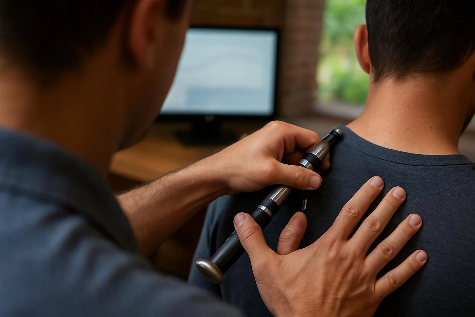 A man uses a handheld massage gun on another man’s upper back in a room with a computer screen behind them