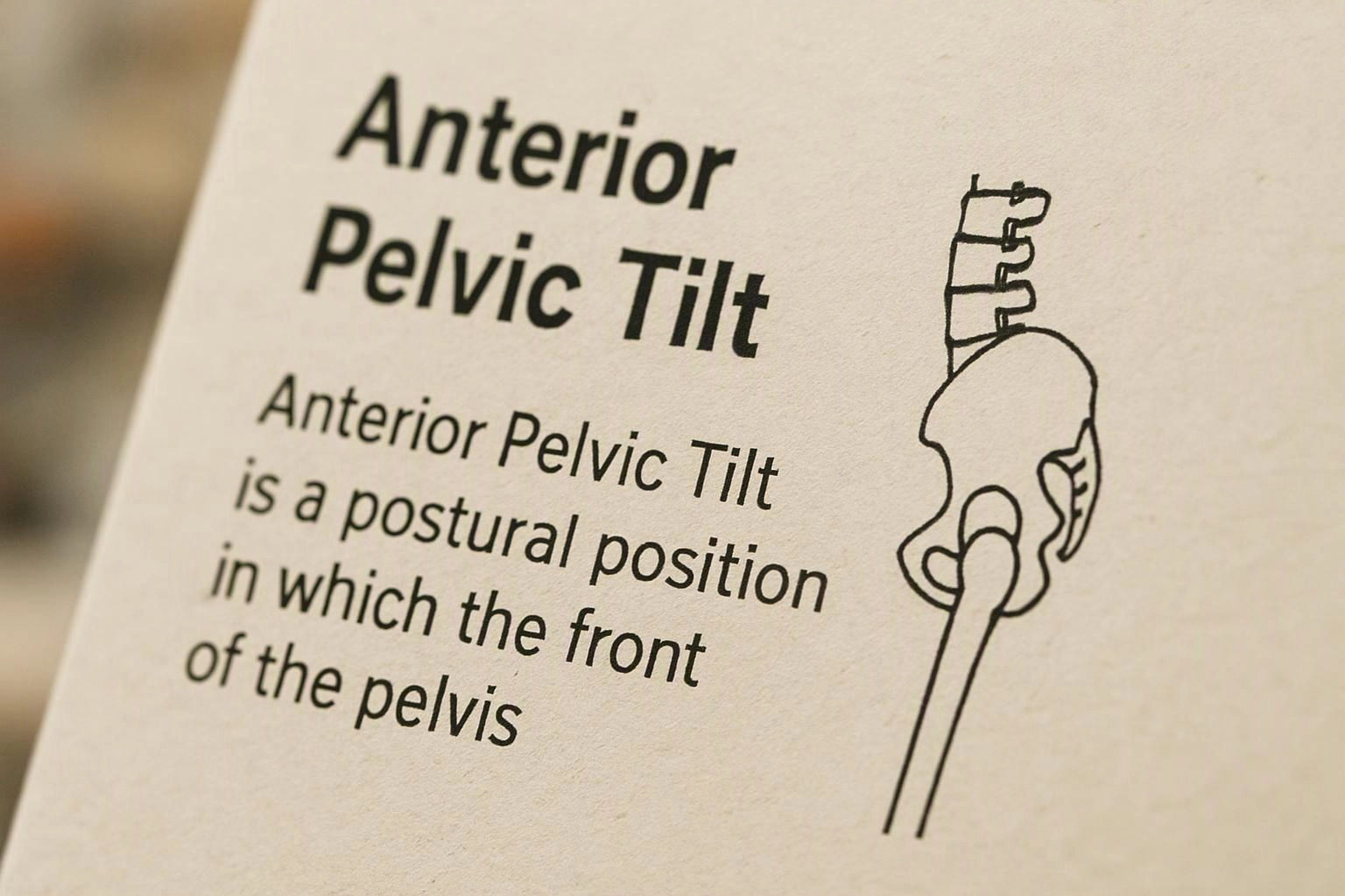 Printed page showing the title "Anterior Pelvic Tilt" beside a simple pelvis diagram on a white background