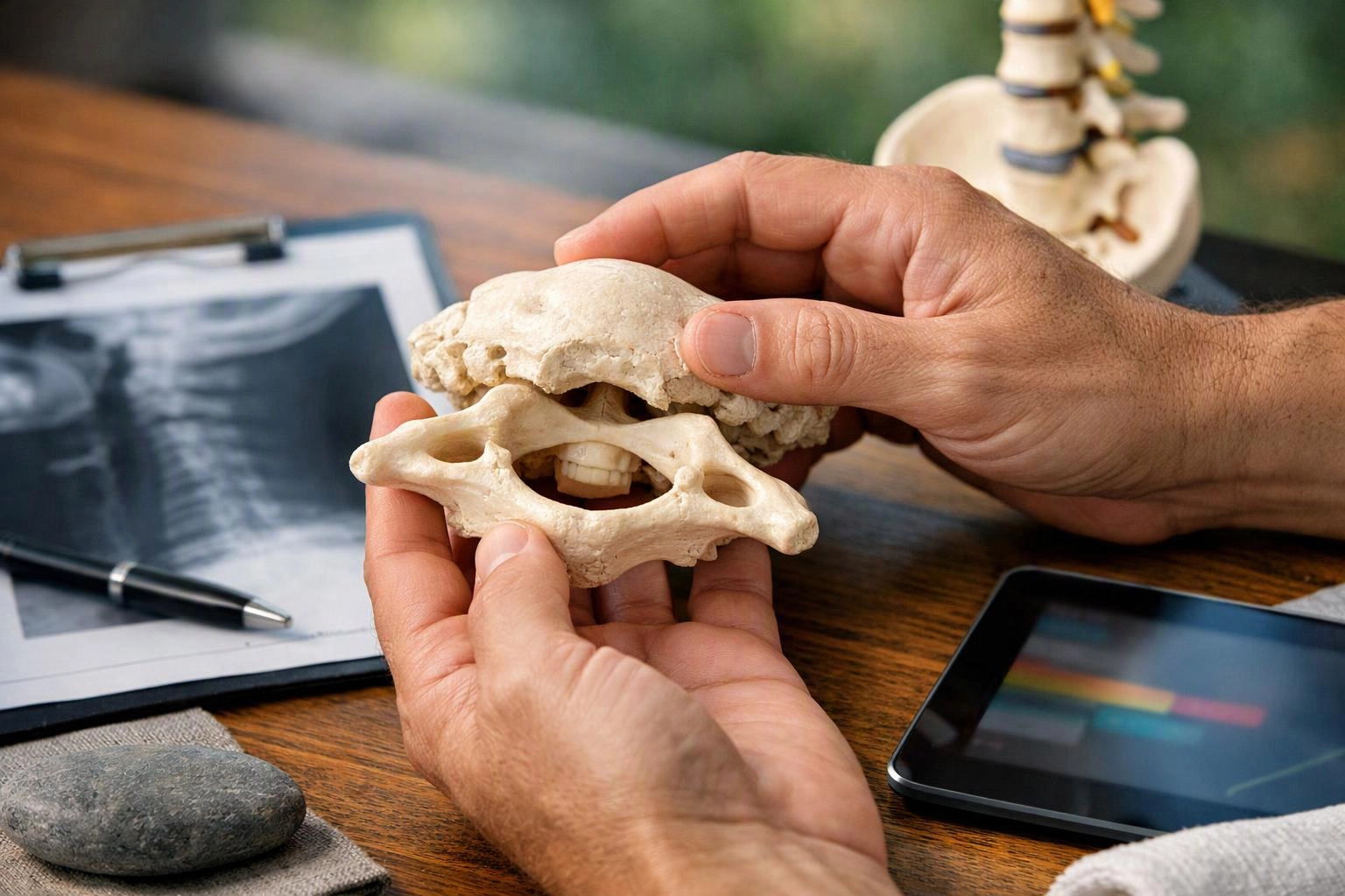 Hands hold a small jawbone and skull fragment over a desk with X-ray images, a pen, and a tablet