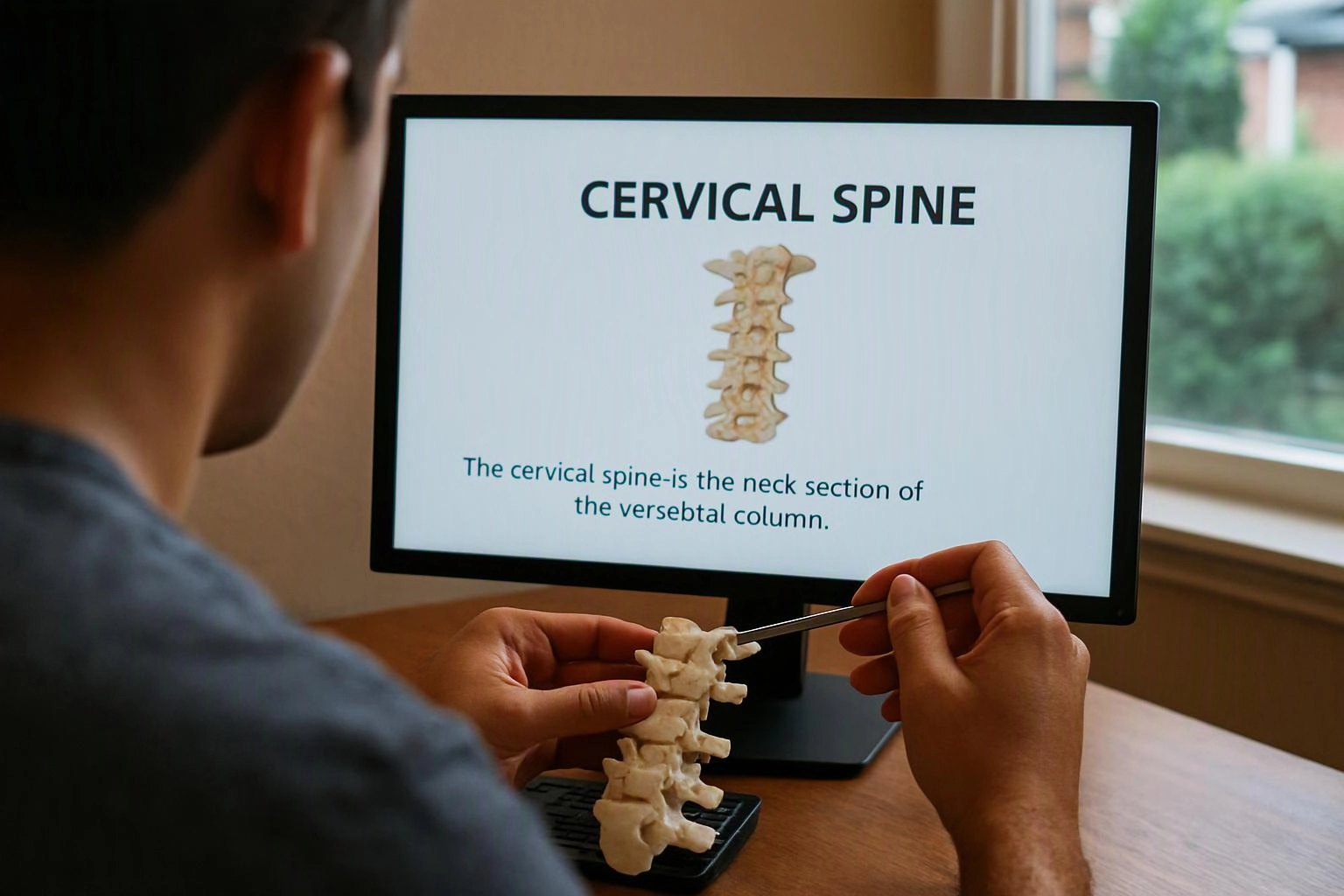 A person studies a cervical spine model beside a monitor showing a spine diagram and text