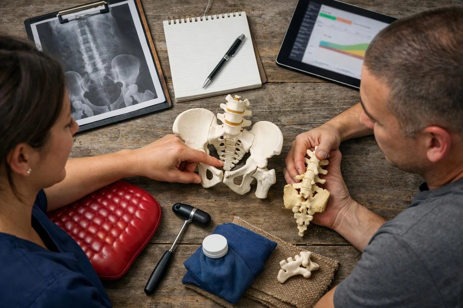 Two people study pelvis and spine models beside an X-ray, notebook, tablet, and exam tools on a wooden table