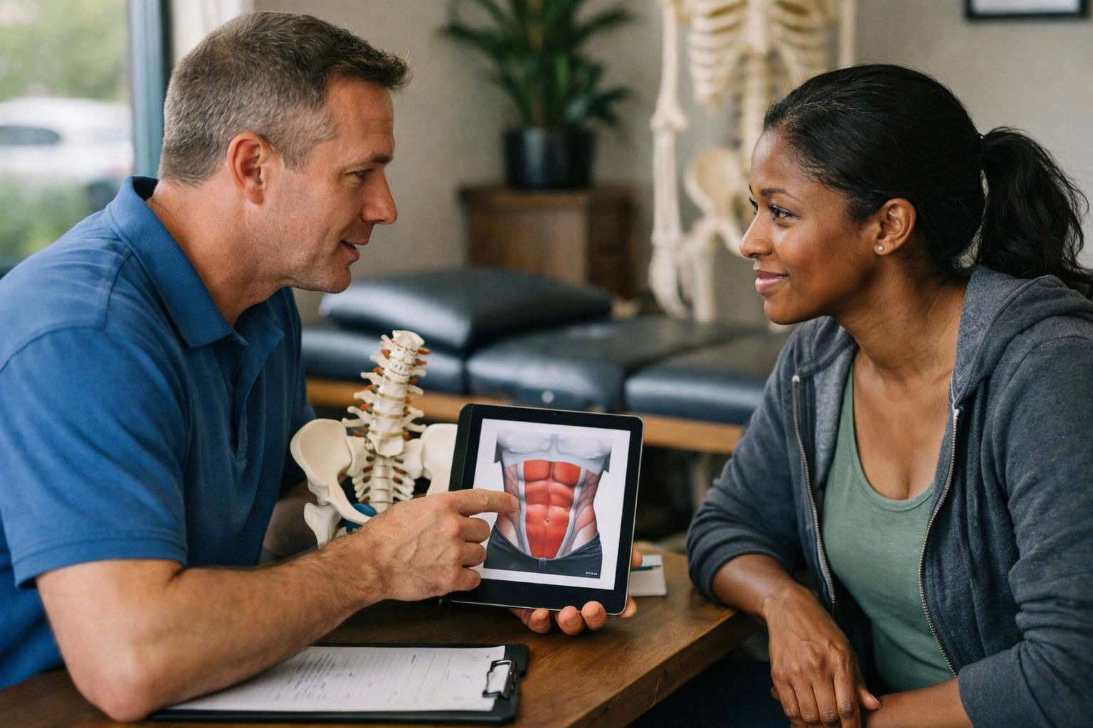 A therapist points at a tablet showing abdominal muscles while speaking to a woman in a clinic room
