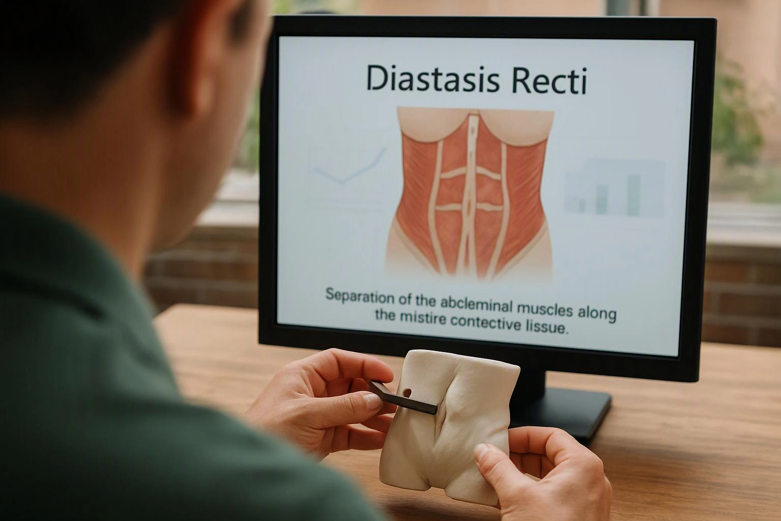 A person studies a monitor showing a torso diagram while holding a small abdominal model and pointing at the center seam