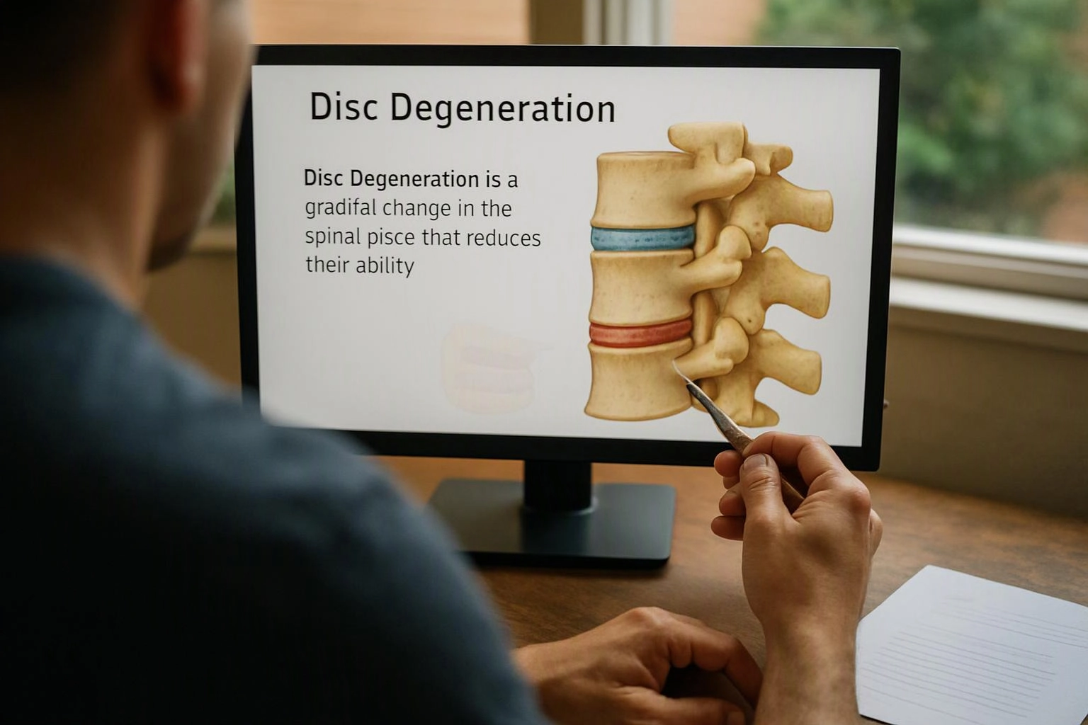 A person points at a monitor showing a spine diagram labeled "Disc Degeneration" on a desk
