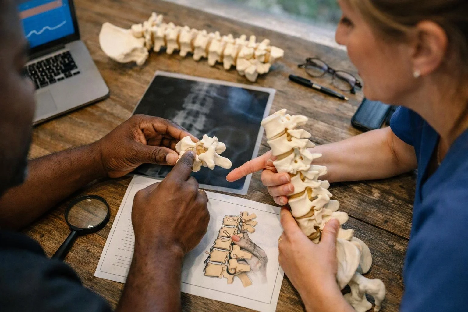 Two people examine spine models and x-ray images on a wooden table during a medical discussion