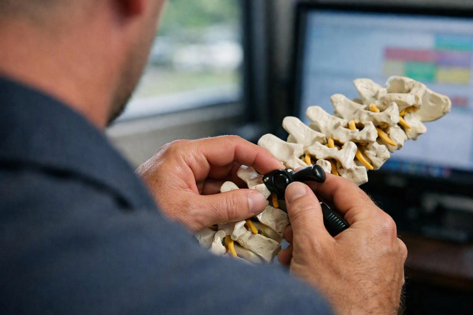 A person adjusts a spine model with a small tool beside a computer screen in an office