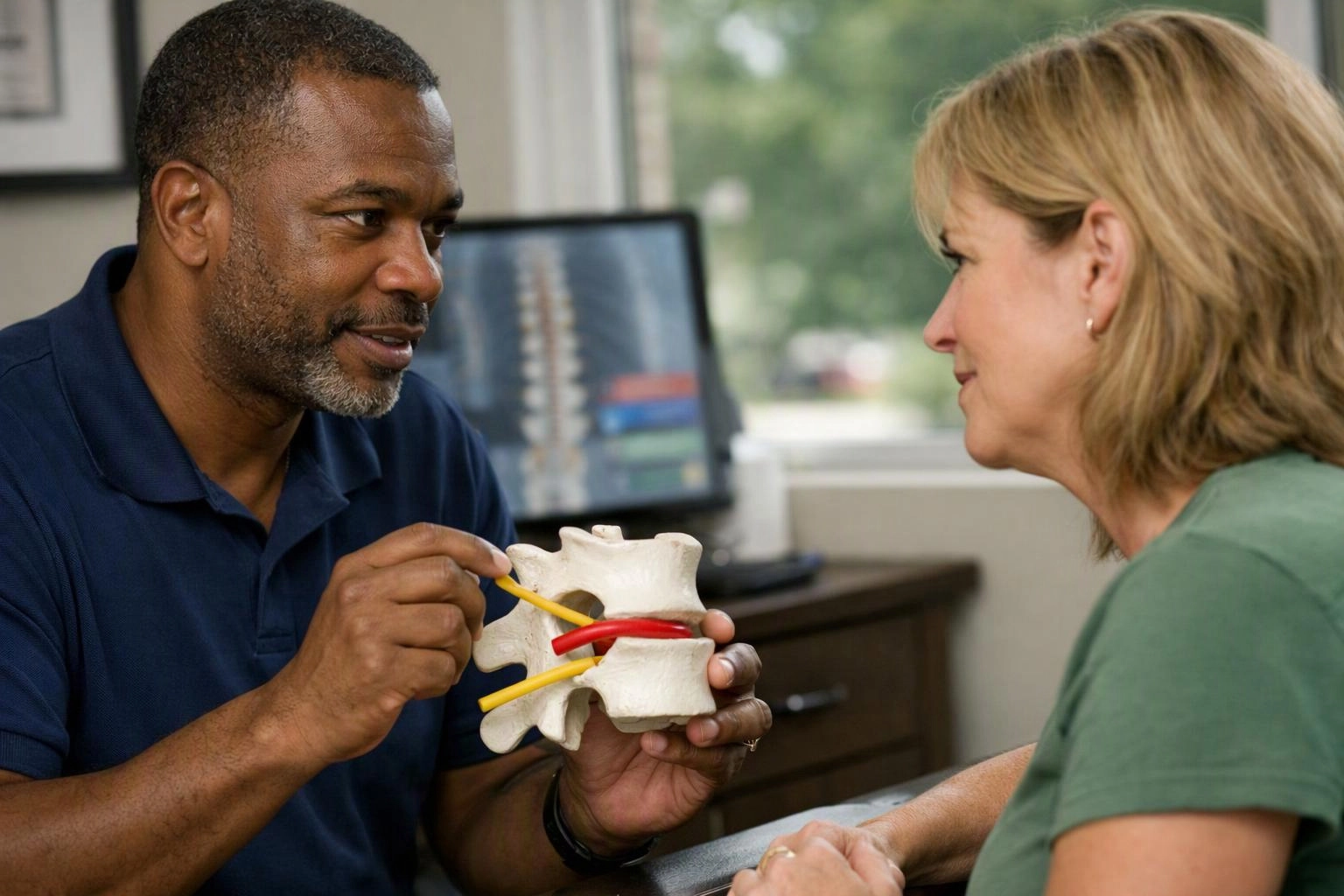 A man shows a woman a spine model in a bright office with a computer behind them