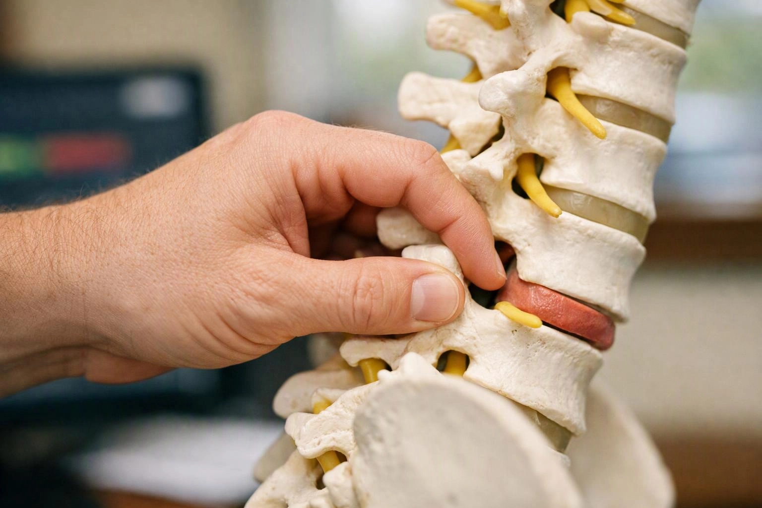 A hand presses on a spine model with yellow nerves in a close-up medical setting
