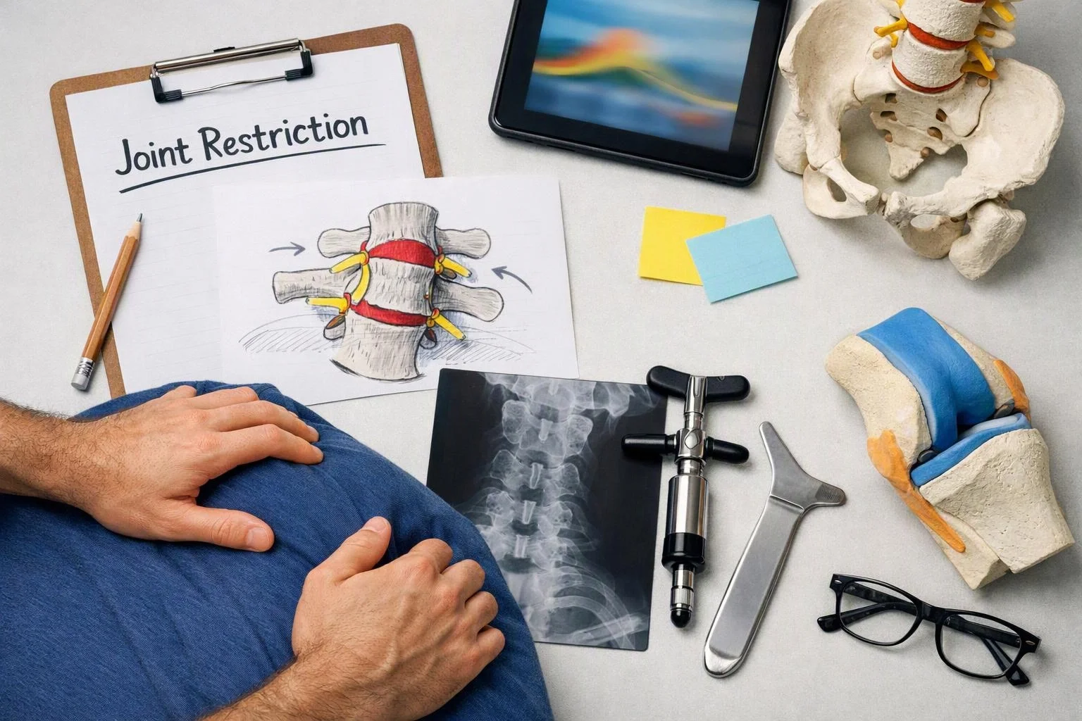 A doctor’s desk shows a spine sketch, X-ray, models, tools, and hands pressing a patient’s back