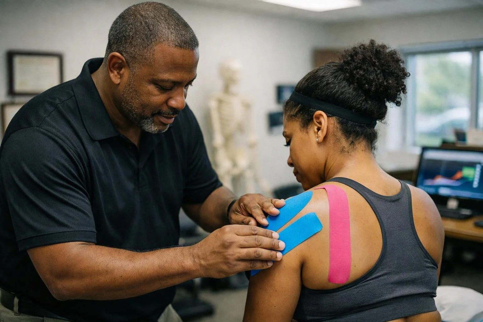 A therapist applies blue and pink kinesiology tape to a woman’s shoulder in a clinic room