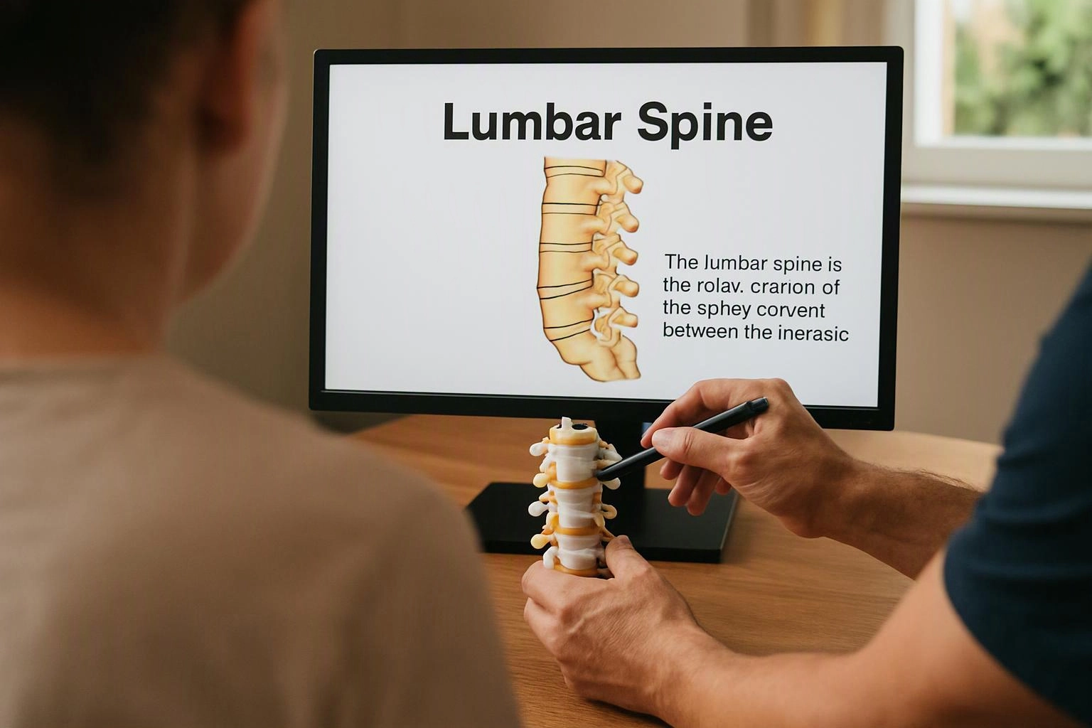 Two people study a spine model beside a monitor showing “Lumbar Spine” in a bright room