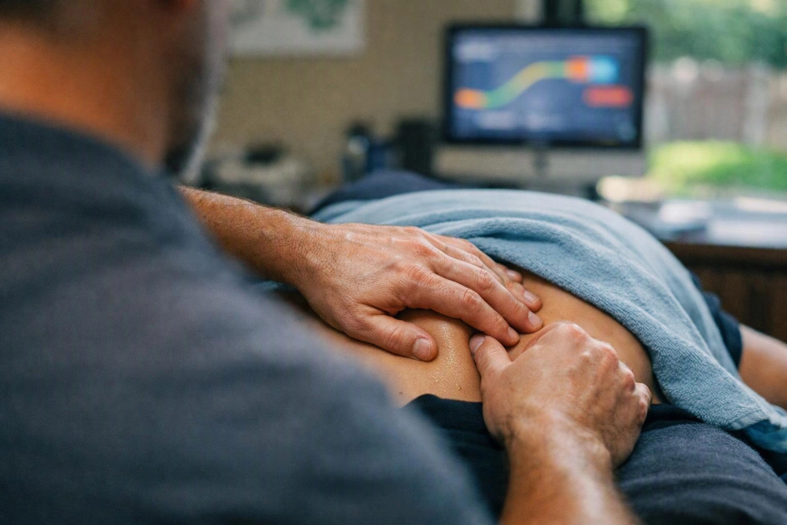 A person gives a back massage while the other lies face down under a blue towel in a soft-lit room