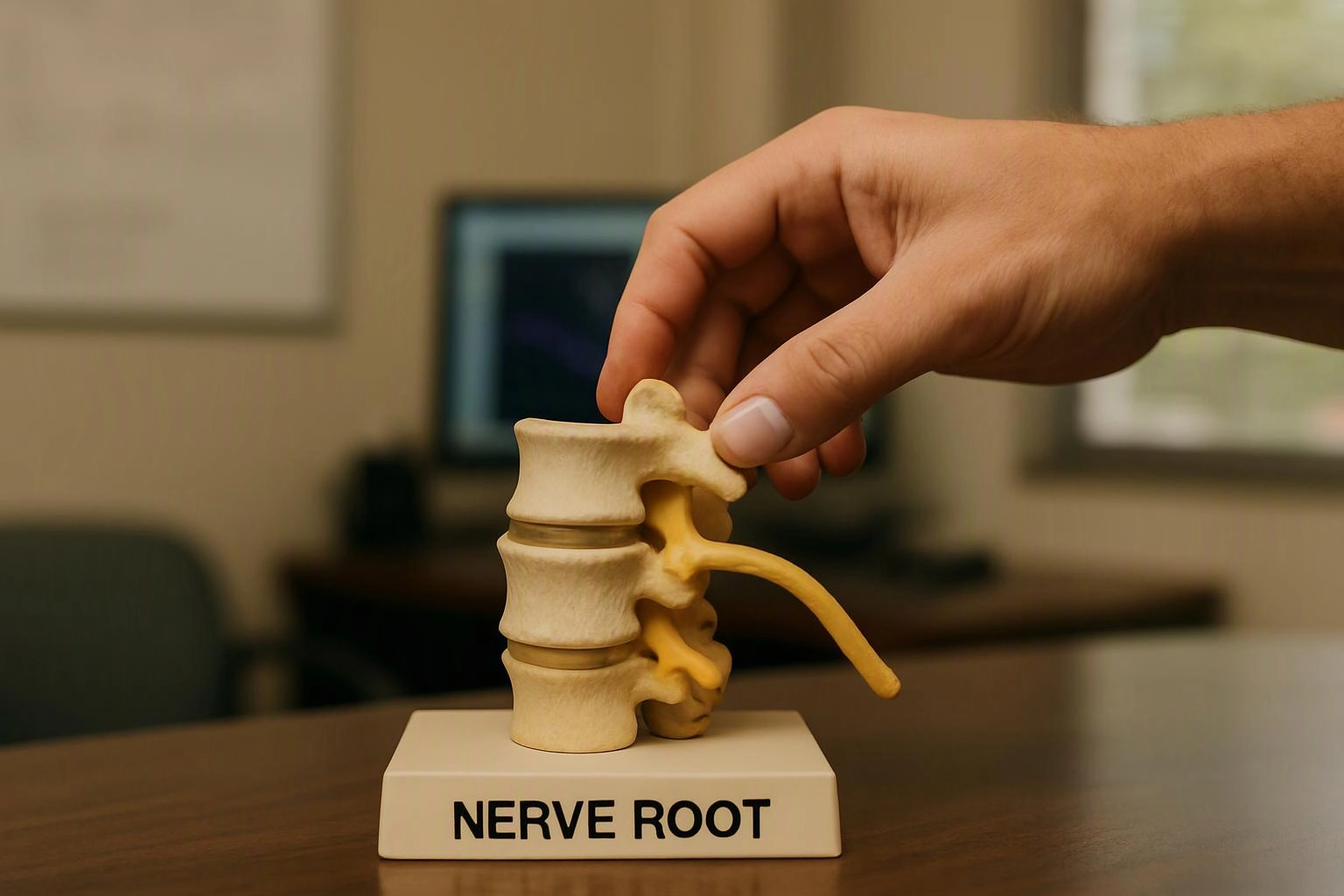 A hand holds a spine model with a yellow nerve root on a desk in an office setting