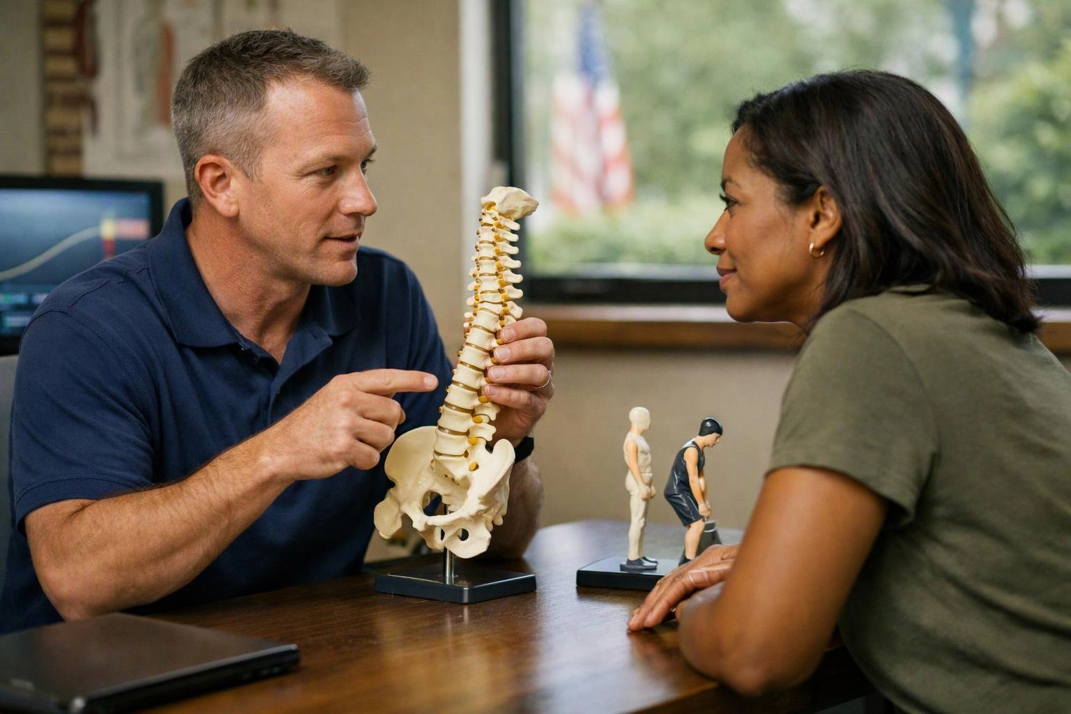 A man points to a spine model while talking with a woman across a desk in a bright office