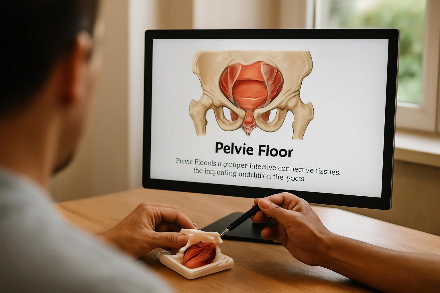 A person studies a pelvic anatomy model beside a monitor showing a pelvis diagram and the words “Pelvie Floor”