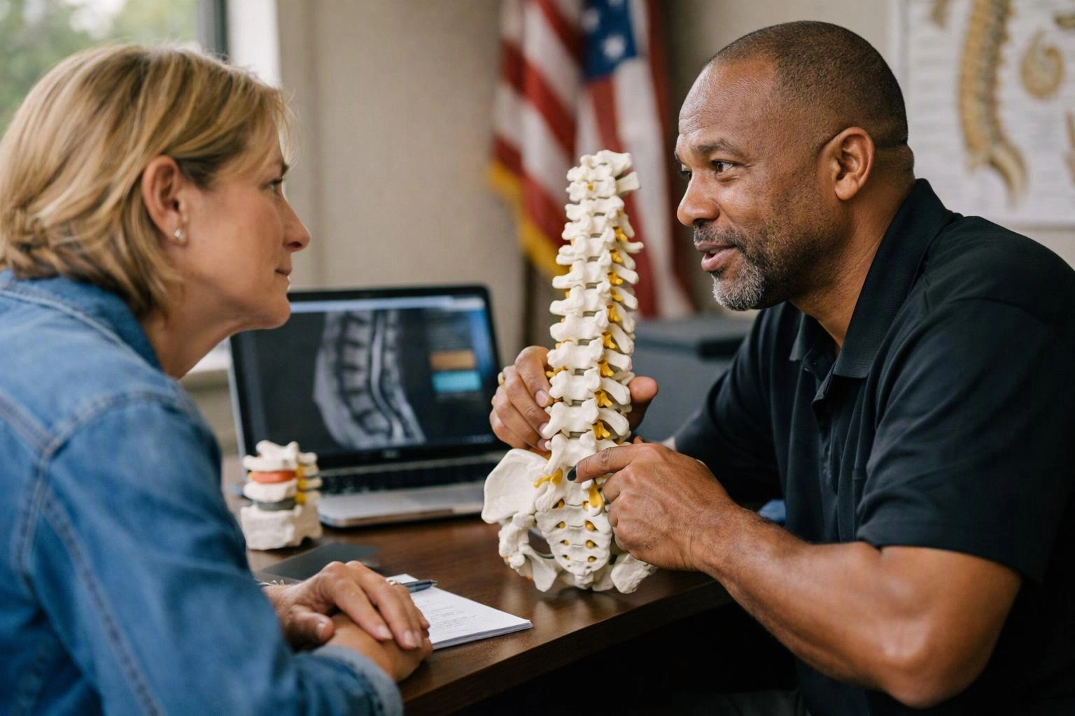 Two people discuss a spine model at a desk with an X-ray on a laptop in a clinic office