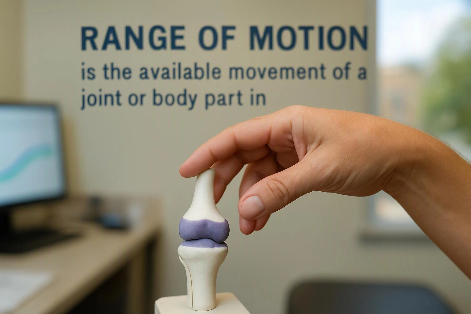 A hand holds a small knee joint model in front of a wall poster about range of motion