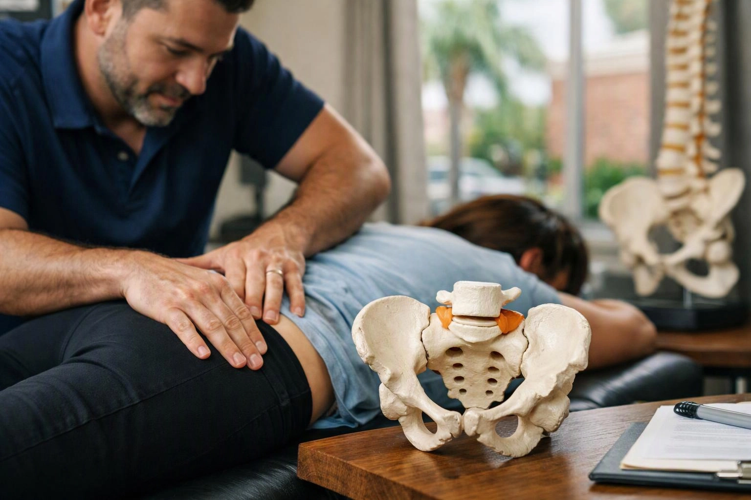A man presses a woman’s lower back on a treatment table, with a pelvis model on a desk nearby