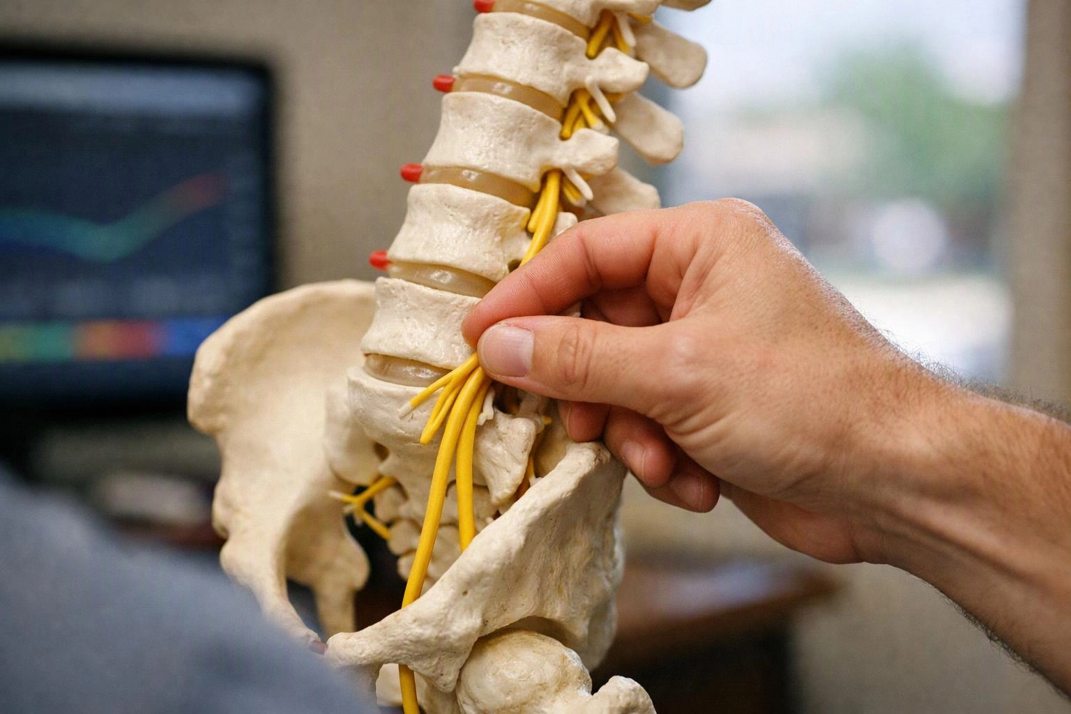 A hand points to yellow nerves on a spine and pelvis model in a clinical room