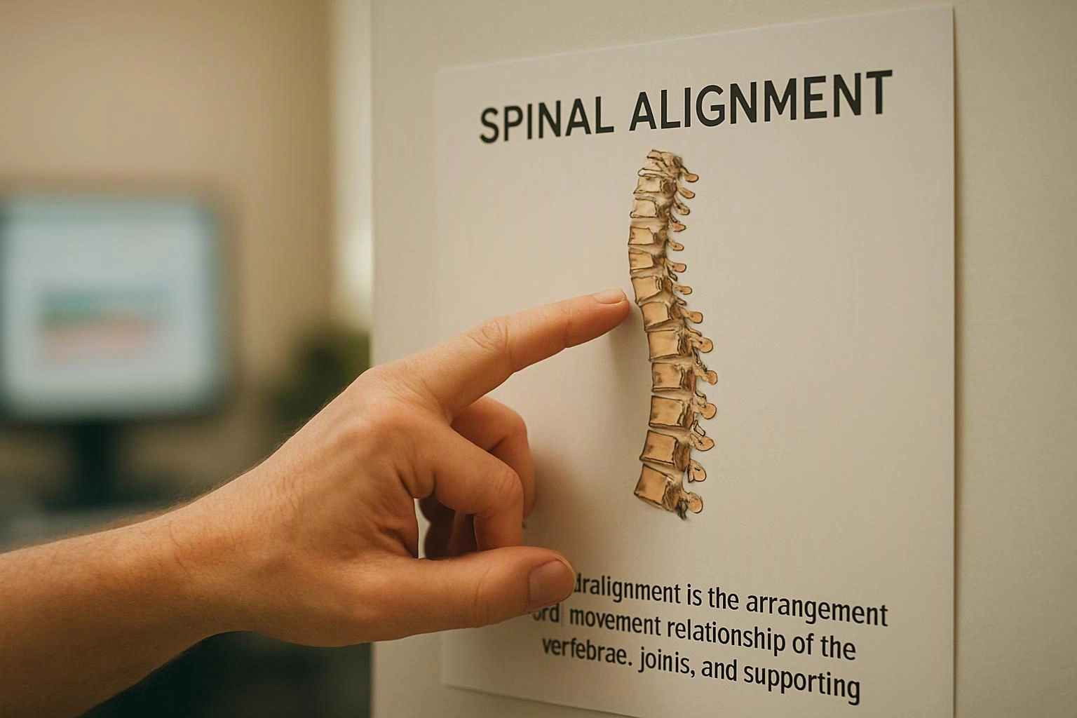 A hand points at a spinal alignment poster with a blurred screen in the background
