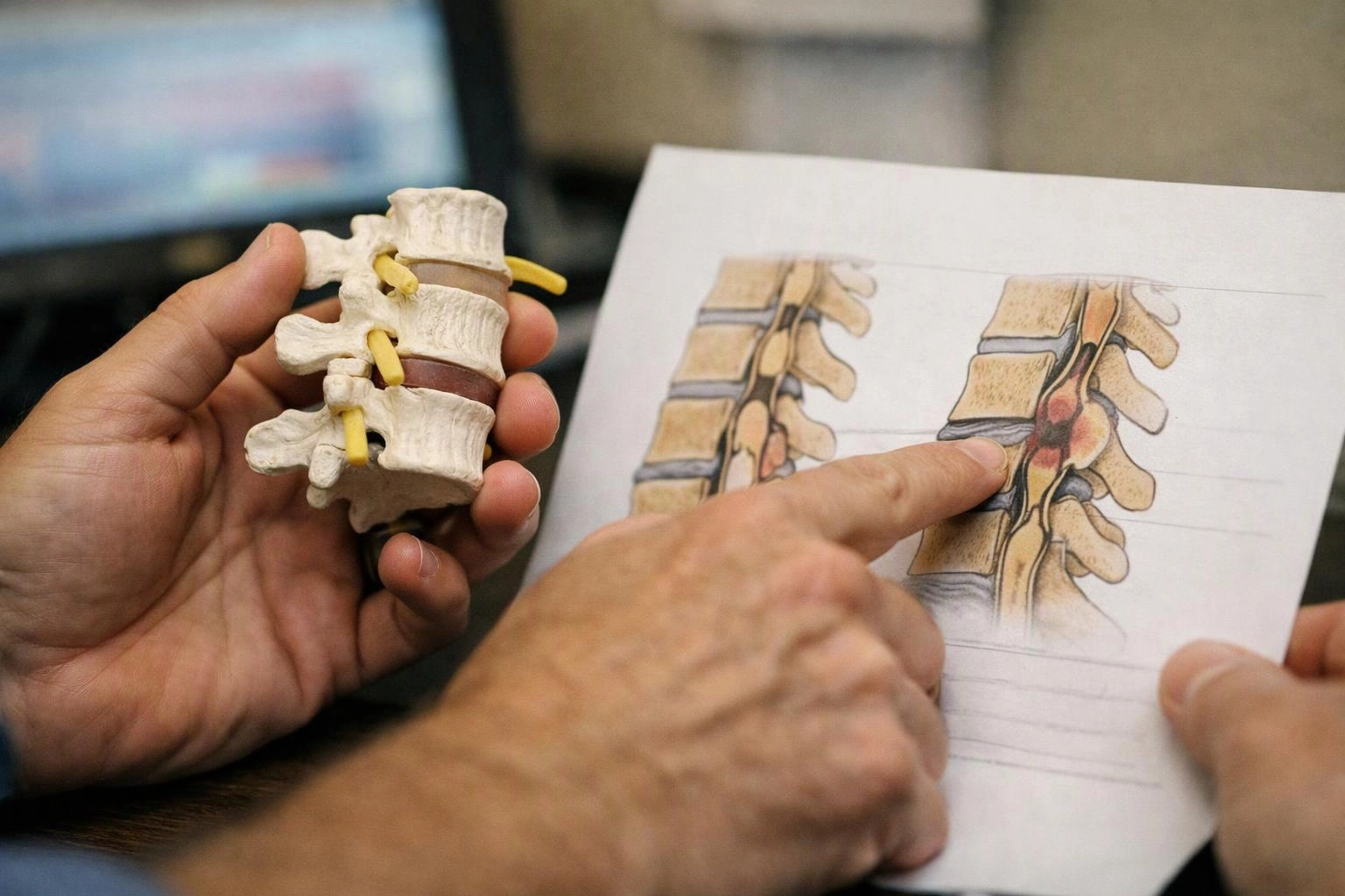 Hands hold a spine model and point to a herniated disc diagram on paper