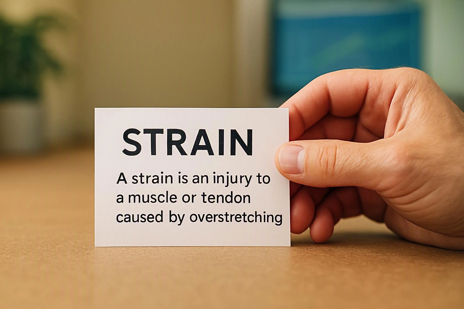 A hand holds a card reading “STRAIN” with a brief definition on a tabletop with a blurred room behind it