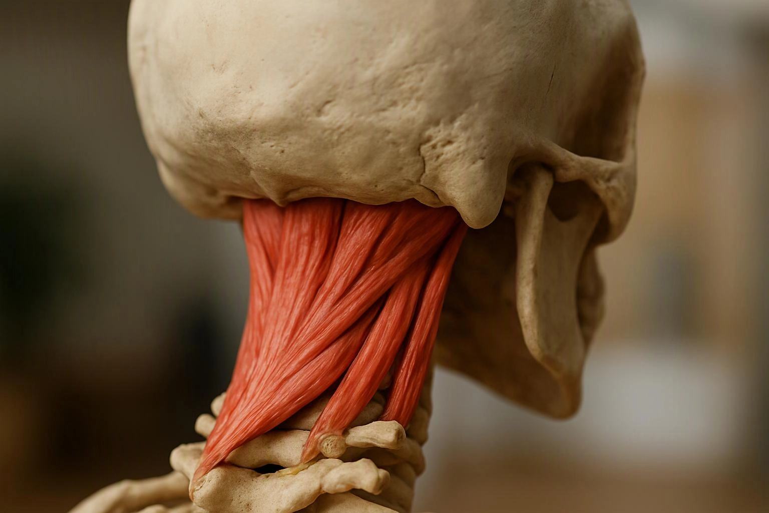 A skull anatomy model shows red neck muscles attached to the base of the head