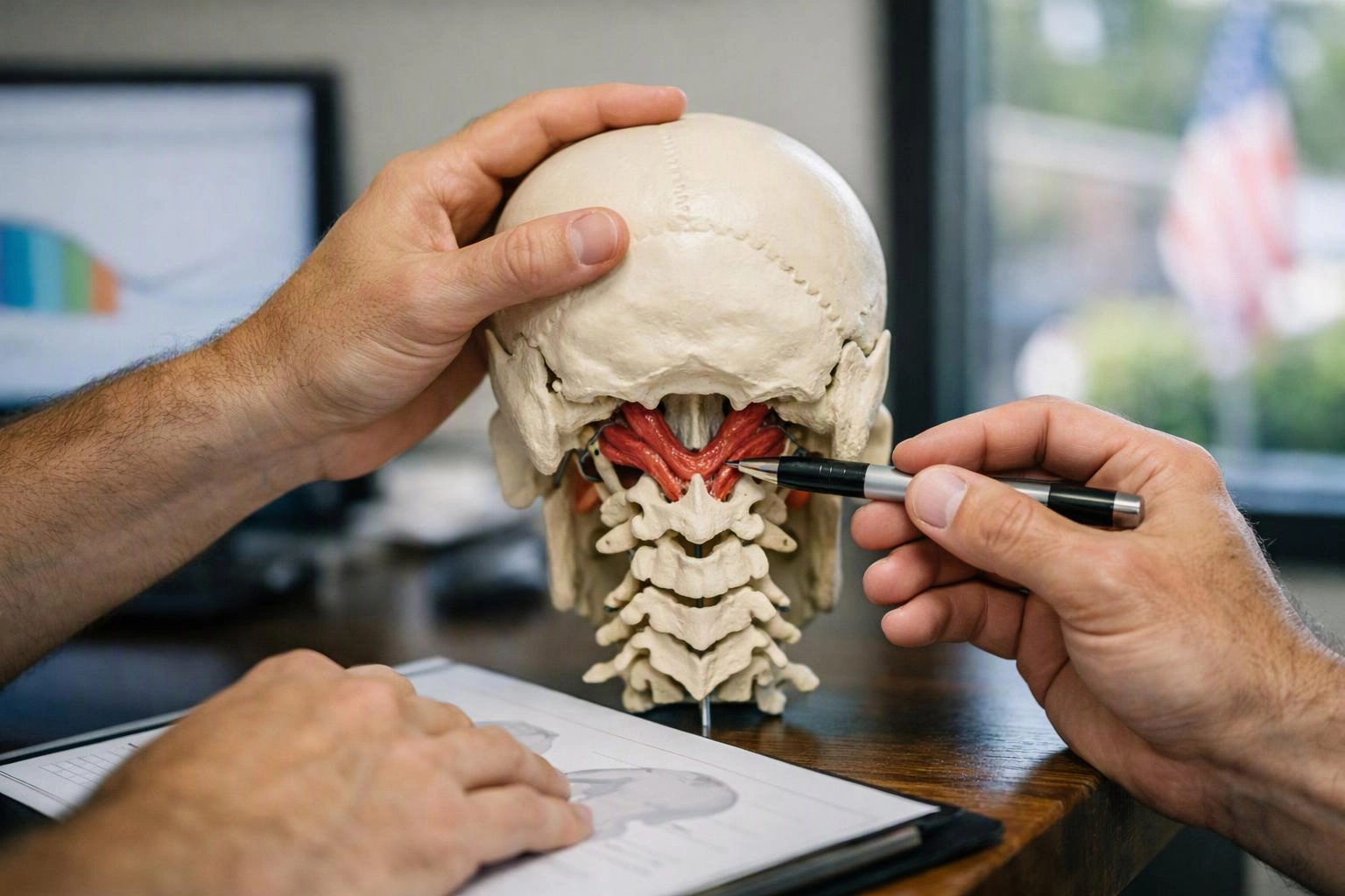 Hands hold a skull anatomy model while a pen points at neck muscles on a desk